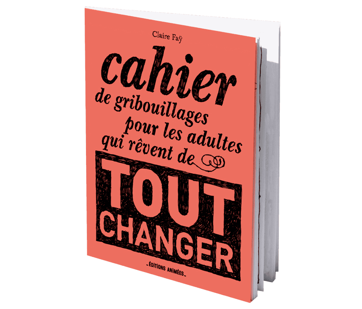 Cahier de gribouillages pour les adultes qui rêvent de tout changer, outil créatif et satirique du Coffret Bureau BlinkBook.