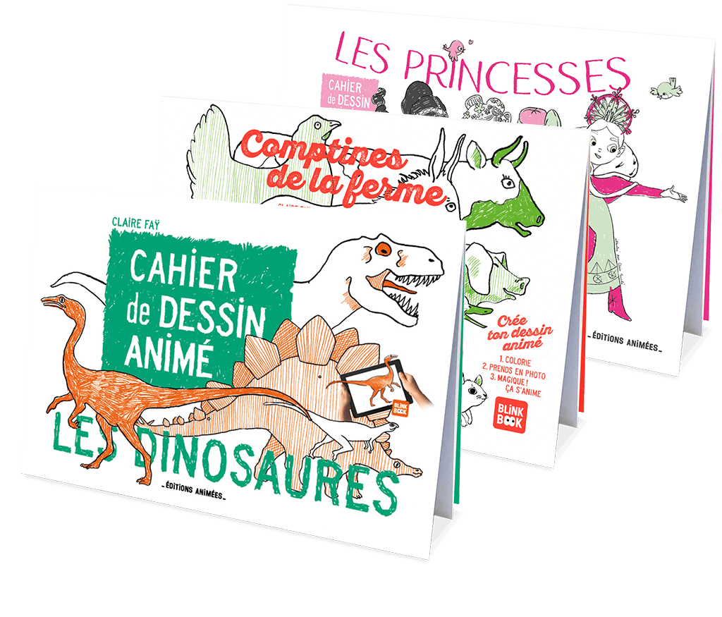 Coffret Best Seller - Coloriages Animés | BlinkBook avec trois cahiers de dessin animé : dinosaures, ferme et princesses pour enfants 3-9 ans.
