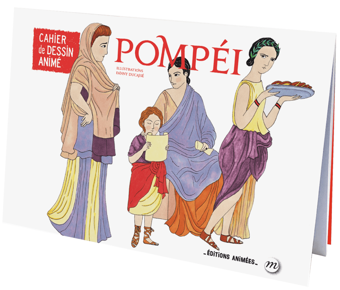 Cahier de dessin animé Pompéi du Coffret Sciences BlinkBook, montrant des personnages romains en habits antiques, pour enfants de 6 à 10 ans.